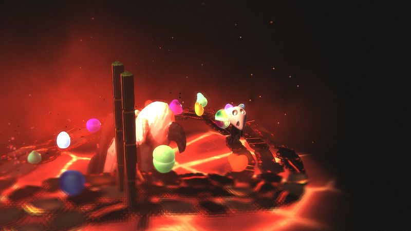 The Magma Field, a loop of dark paving over glowing lava with Kai and his creatures on the road